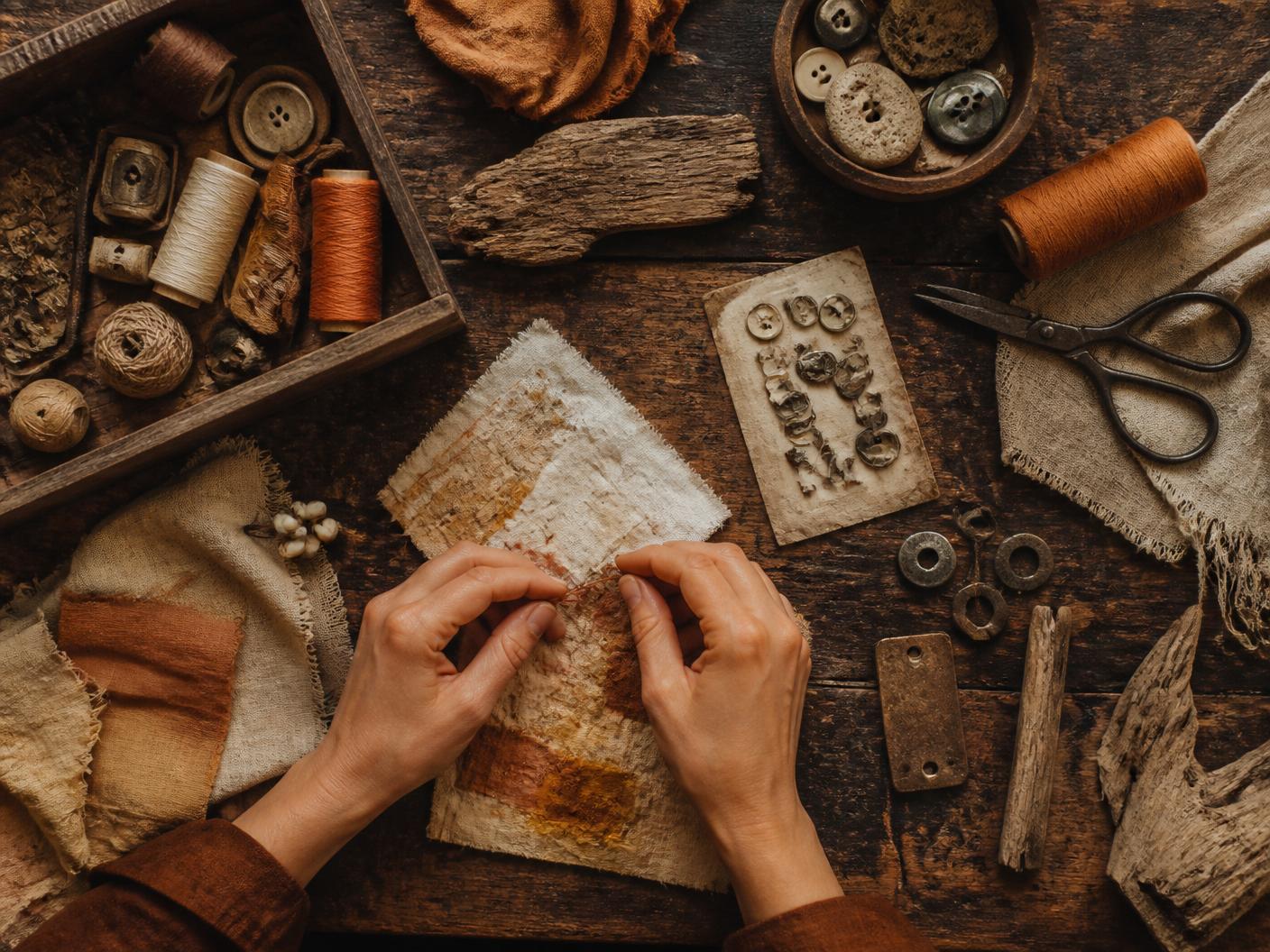 Julie Brannen's hands at a wooden studio table, working with fabric scraps, thread, buttons, and found objects